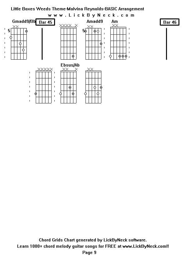 Chord Grids Chart of chord melody fingerstyle guitar song-Little Boxes Weeds Theme-Malvina Reynolds-BASIC Arrangement,generated by LickByNeck software.